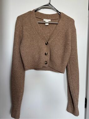 H&M Cropped V-Neck Button Ribbed Sweater Cardigan - Brown